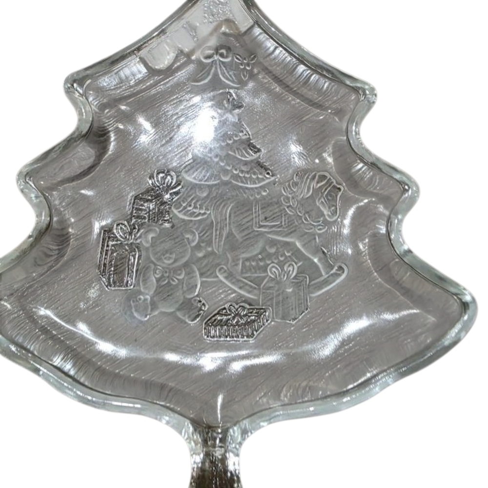 vintage clear glass Christmas tree-shaped serving or candy dish, of